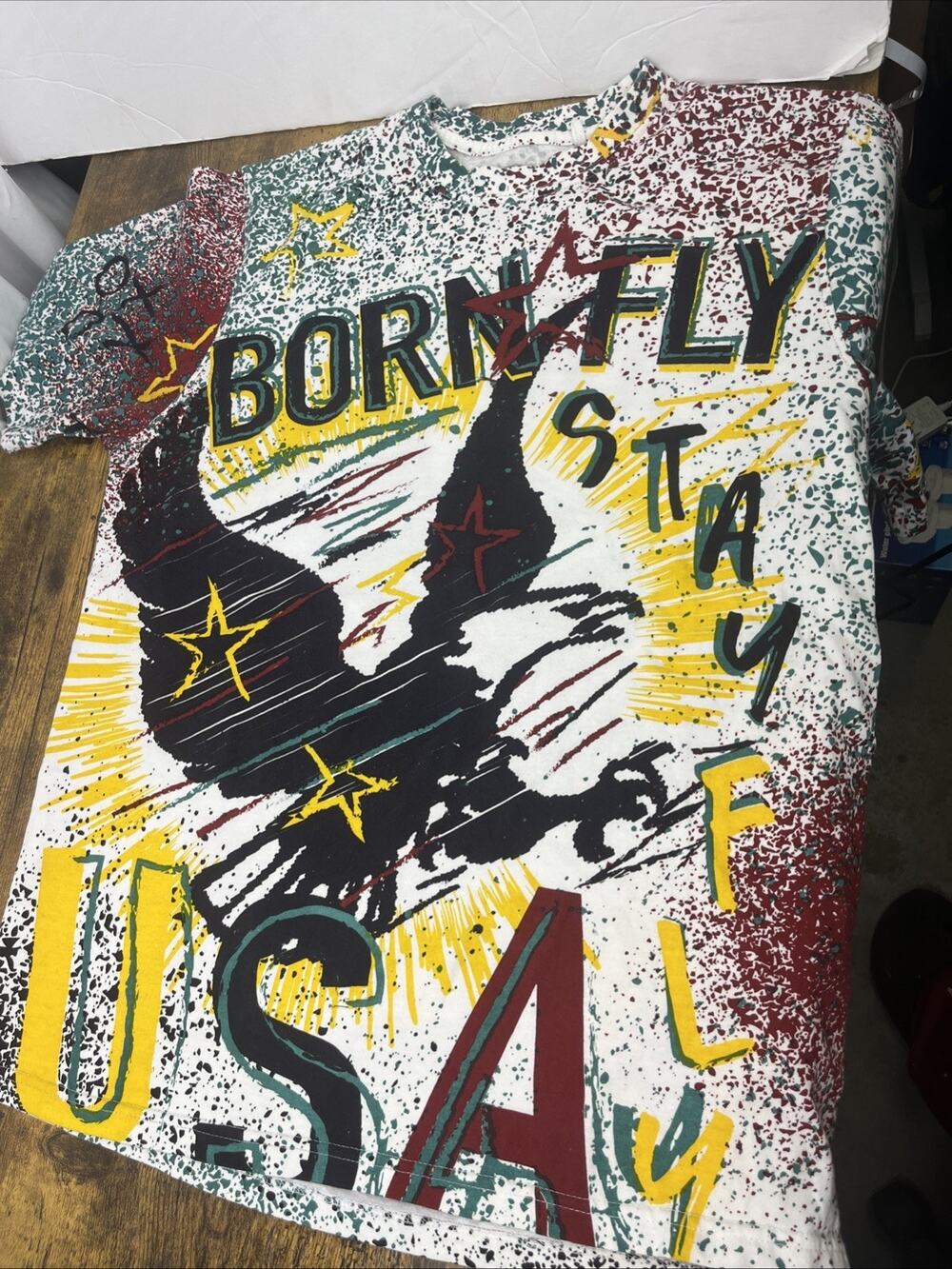 Born Fly Stay Fly USA Eagle Paint Splatter T Shirt Men's Size Large